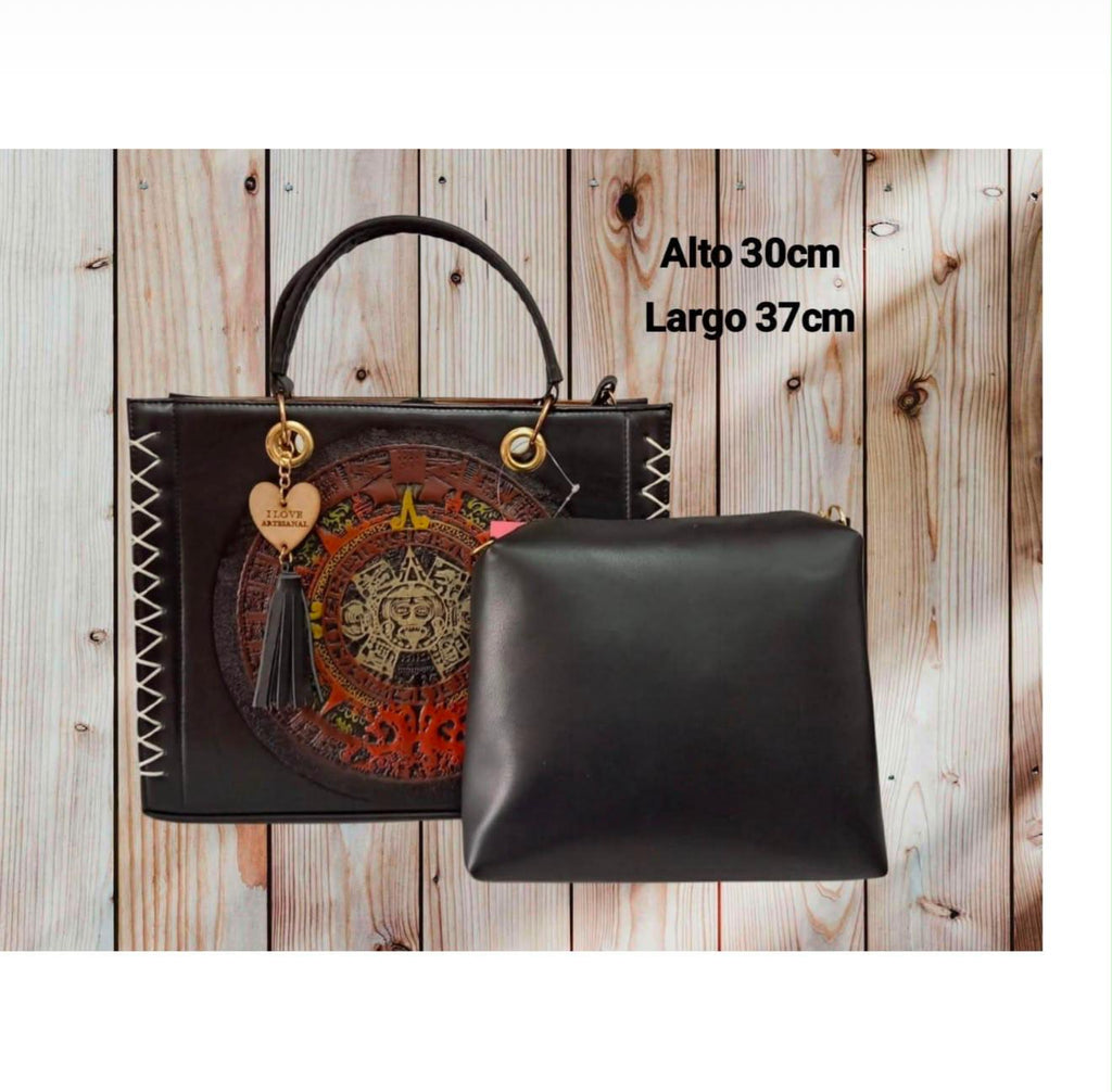 Black Tote Vegan Bag & Cosmetic Pouch with Aztec Calendar/ Bolso Negro Vegano & Cosmetiquera con Calendario Azteca