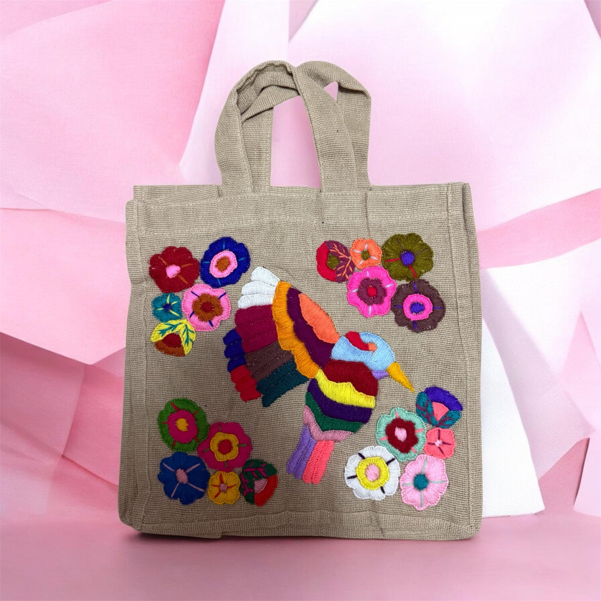 Jute Tote Handbag / Bolsa cuadrada en yute bodado a mano colibri 4