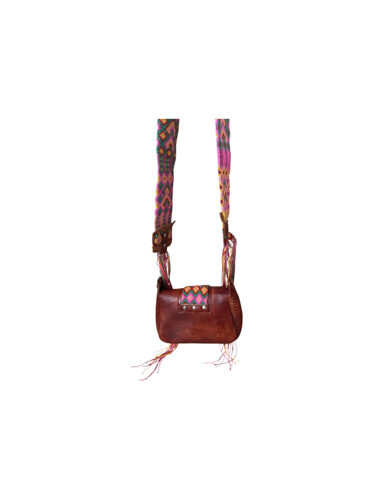 Handcrafted Leather Bag with Handwoven Strap / Bolsa de Piel con Tira Tejida a Mano