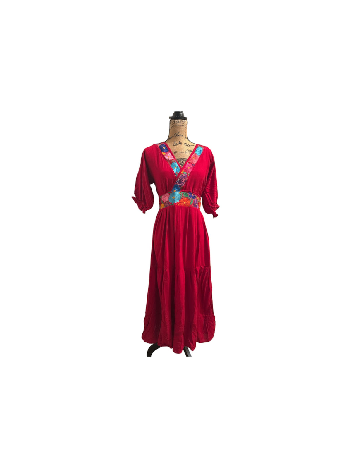 Colorful Mexican-Inspired Dress Red  / Vestido con Detalles Coloridos Rojo