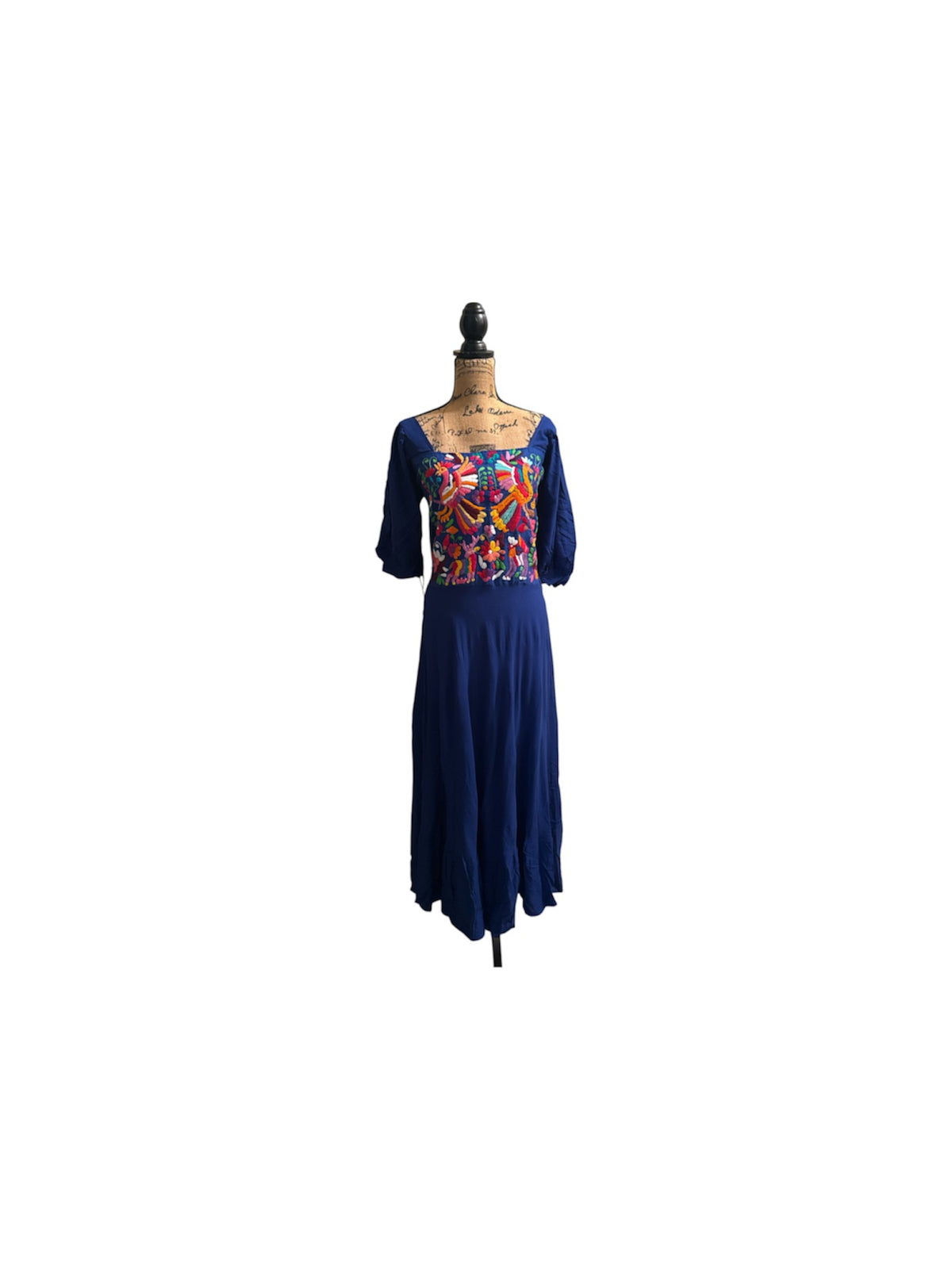 Hand-Embroidered Mexican Dress Blue  / Vestido con Detalles Coloridos en Azul bordado a mano